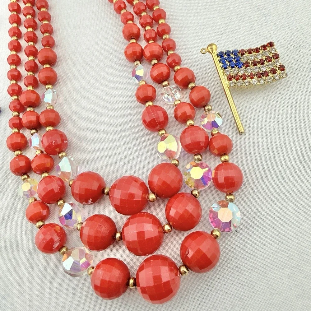 Vintage Patriotic Jewelry Lot Necklace Clip On Earrings Brooch July 4th USA Flag